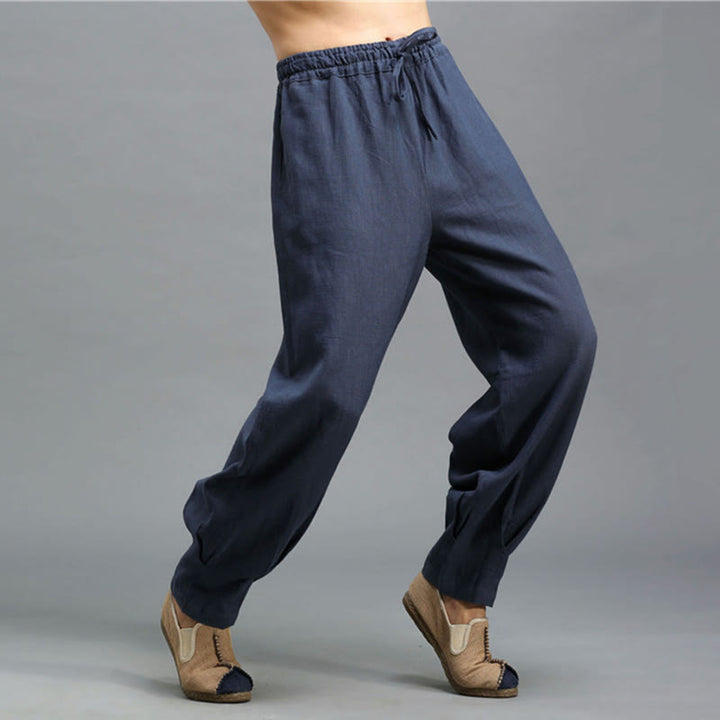 Buddha Stones Casual Plain Color Elastic Drawstring Ramie Linen Men's Pants With Pockets - image 3