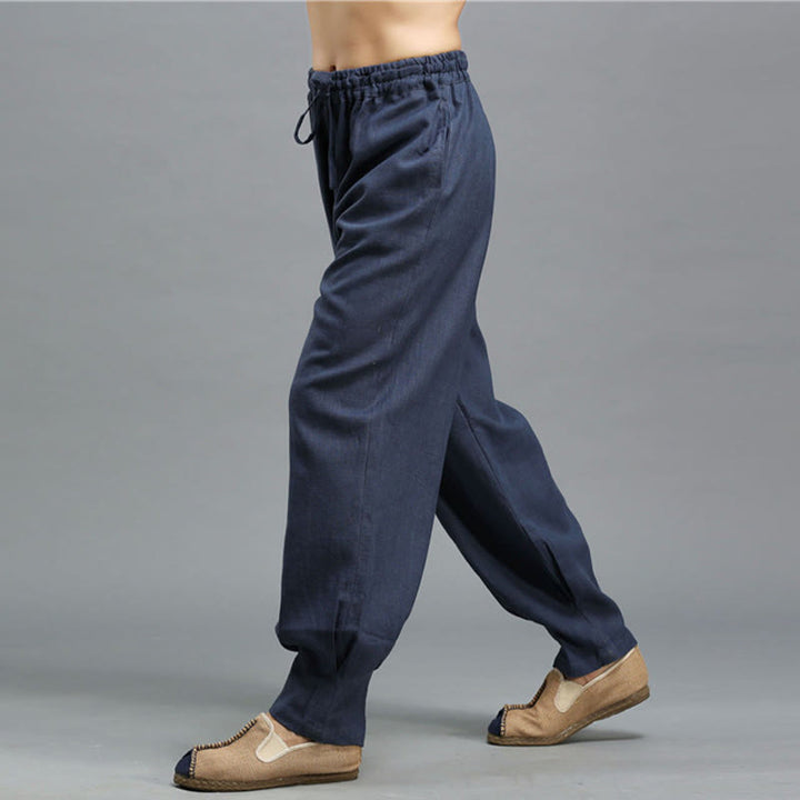 Buddha Stones Casual Plain Color Elastic Drawstring Ramie Linen Men's Pants With Pockets - image 7
