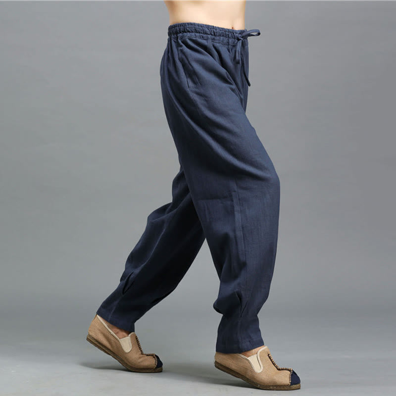 Buddha Stones Casual Plain Color Elastic Drawstring Ramie Linen Men's Pants With Pockets - image 6