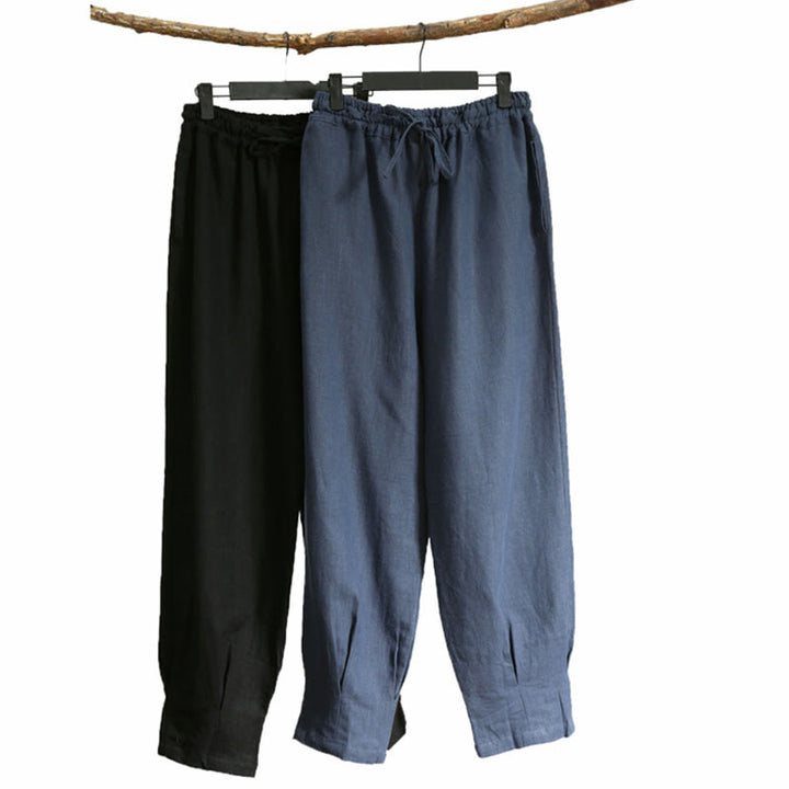 Buddha Stones Casual Plain Color Elastic Drawstring Ramie Linen Men's Pants With Pockets - image 1
