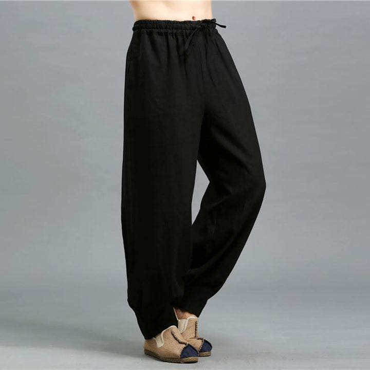 Buddha Stones Casual Plain Color Elastic Drawstring Ramie Linen Men's Pants With Pockets - image 17