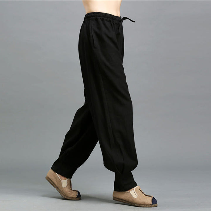 Buddha Stones Casual Plain Color Elastic Drawstring Ramie Linen Men's Pants With Pockets - image 18