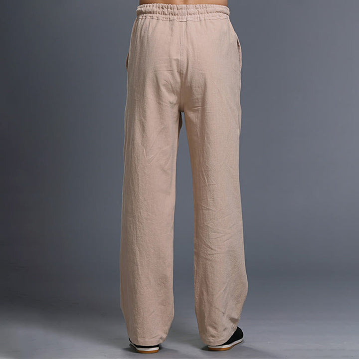 Buddha Stones Casual Plain Color Drawstring Linen Men's Pants With Pockets