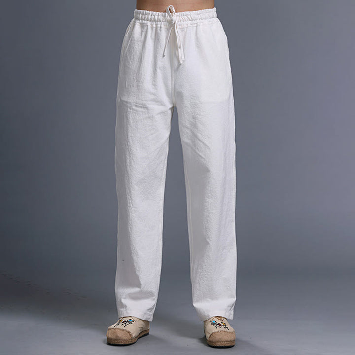 Buddha Stones Casual Plain Color Drawstring Linen Men's Pants With Pockets