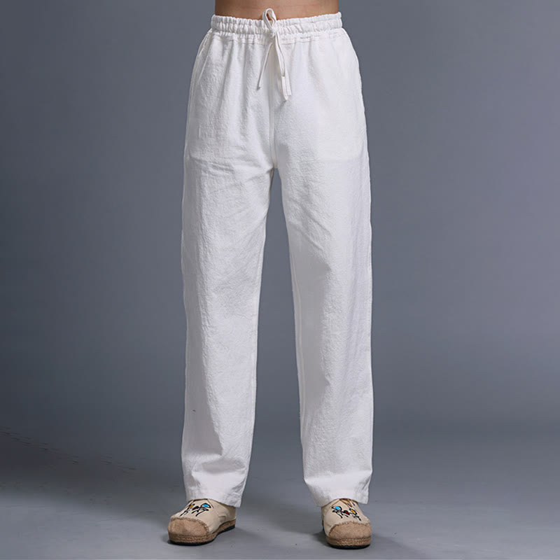 Buddha Stones Casual Plain Color Drawstring Linen Men's Pants With Pockets - White - US/UK/AU38，EU48 (XL) - image 0