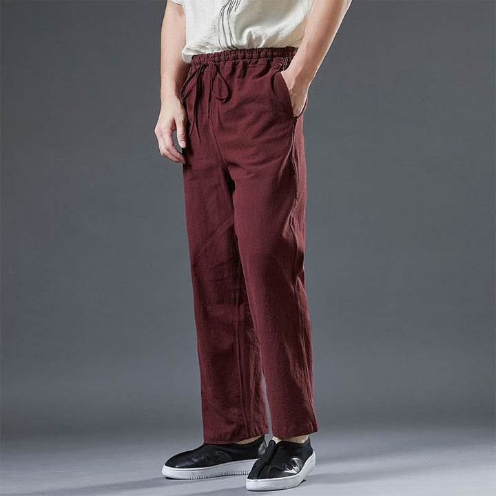 Buddha Stones Casual Plain Color Drawstring Linen Men's Pants With Pockets