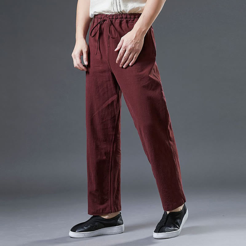 Buddha Stones Casual Plain Color Drawstring Linen Men's Pants With Pockets