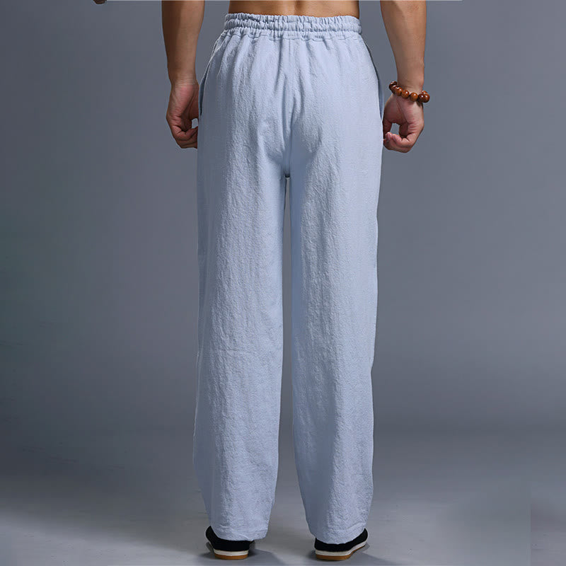 Buddha Stones Casual Plain Color Drawstring Linen Men's Pants With Pockets