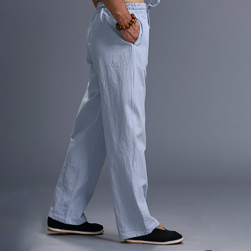 Buddha Stones Casual Plain Color Drawstring Linen Men's Pants With Pockets