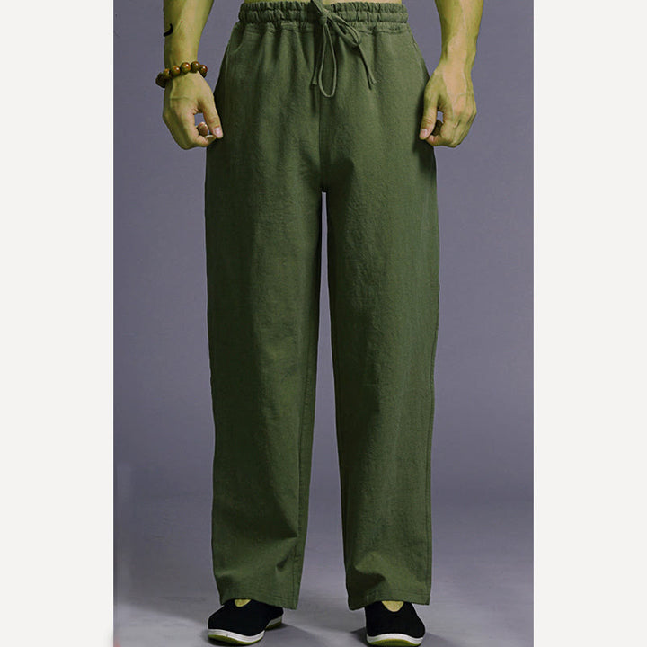 Buddha Stones Casual Plain Color Drawstring Linen Men's Pants With Pockets