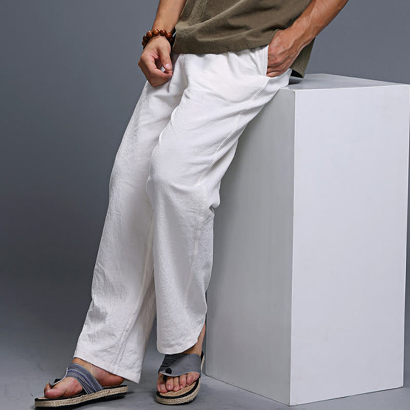 Buddha Stones Casual Plain Color Drawstring Linen Men's Pants With Pockets