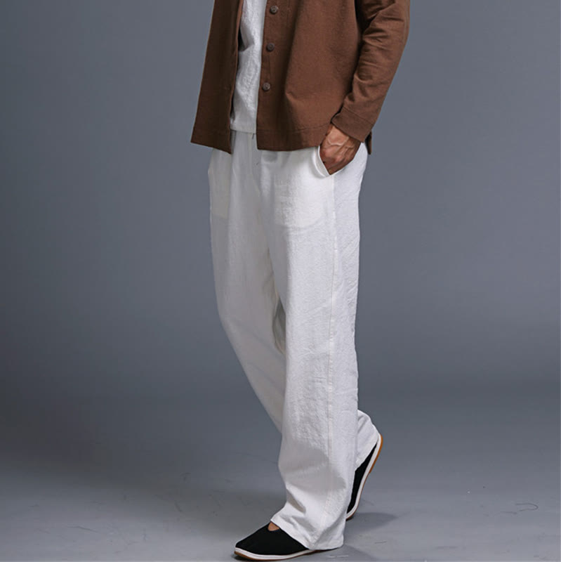 Buddha Stones Casual Plain Color Drawstring Linen Men's Pants With Pockets - image 9