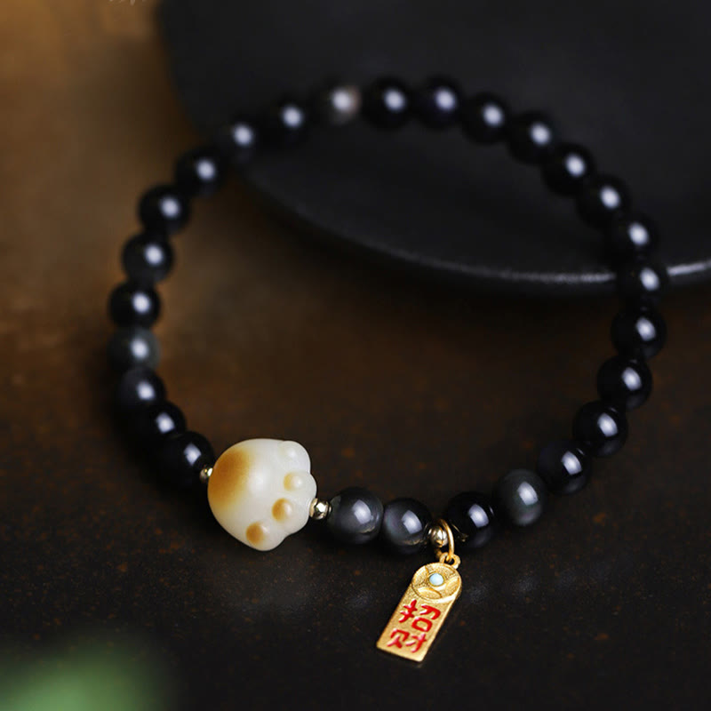 Buddha Stones Black Obsidian Cat Paw Bodhi Seed Lucky Fortune Charm Purification Bracelet