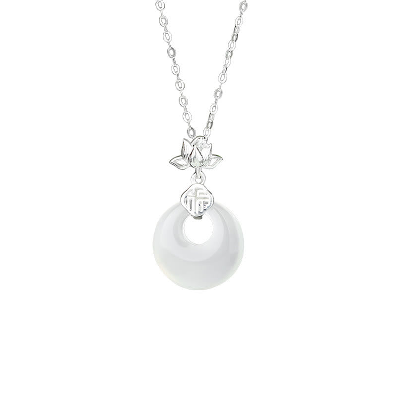 Buddha Stones Chalcedony 925 Sterling Silver Lotus Flower Fu Character Peace Buckle Positive Necklace Pendant - image 2