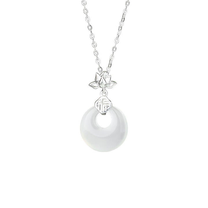 Buddha Stones Chalcedony 925 Sterling Silver Lotus Flower Fu Character Peace Buckle Positive Necklace Pendant - image 2
