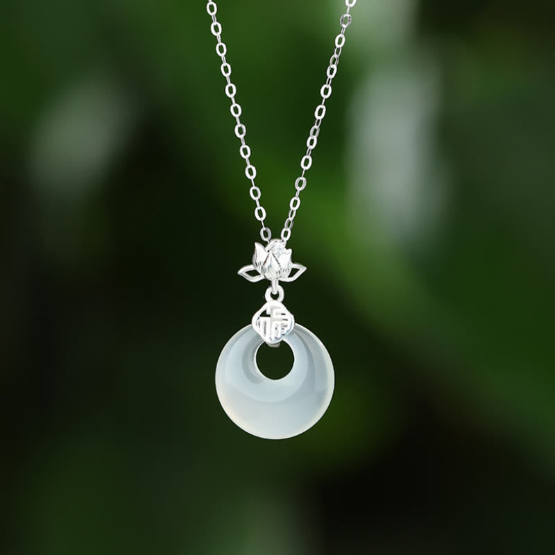 Buddha Stones Chalcedony 925 Sterling Silver Lotus Flower Fu Character Peace Buckle Positive Necklace Pendant - White Silver - image 1