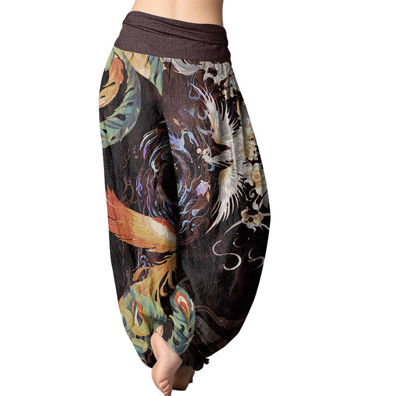 Buddha Stones Phoenix Flower Pattern Women's Elastic Waist Harem Pants