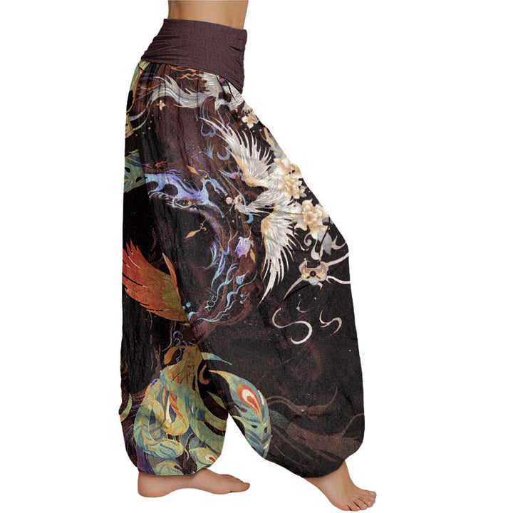 Buddha Stones Phoenix Flower Pattern Women's Elastic Waist Harem Pants