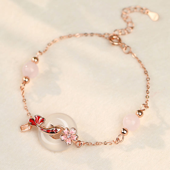 Buddha Stones Chalcedony Pink Crystal 925 Sterling Silver Flowers Koi Fish Peace Buckle Positive Bracelet - Chalcedony 925 Sterling Silver(Wrist Circumference: 14-18cm) - image 0