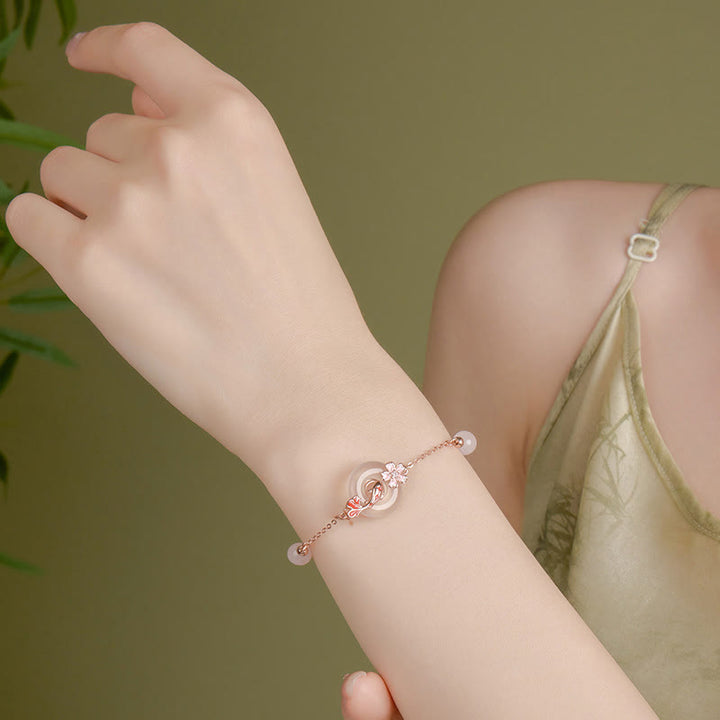 Buddha Stones Chalcedony Pink Crystal 925 Sterling Silver Flowers Koi Fish Peace Buckle Positive Bracelet - image 12