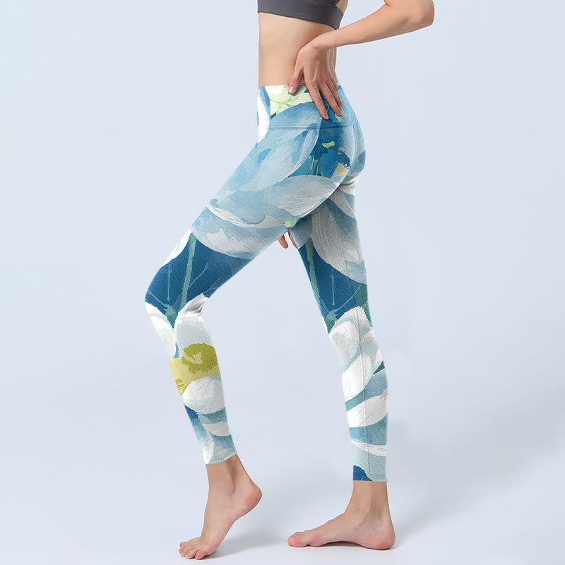 Buddha Stones Blue White Lotus Print Gym Leggings Women's Yoga Pants