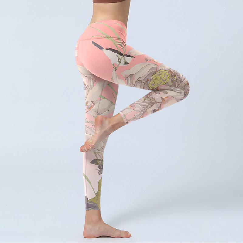 Buddha Stones Withered White Lotus Print Gym Leggings Women's Yoga Pants - image 3