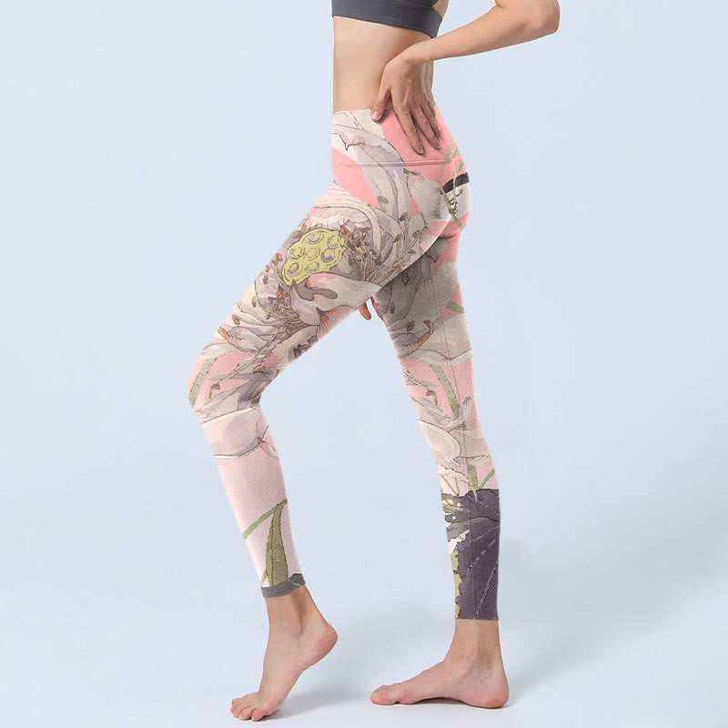 Buddha Stones Withered White Lotus Print Gym Leggings Women's Yoga Pants - image 2