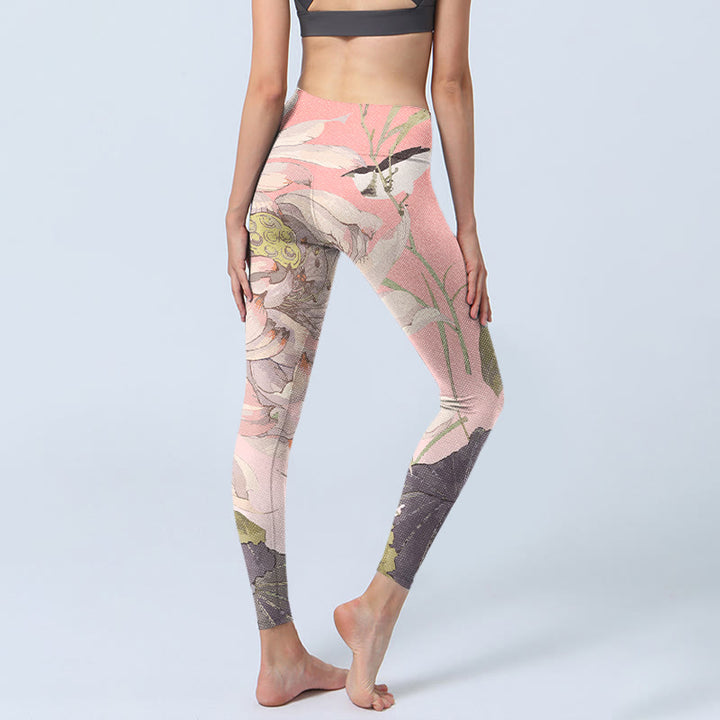 Buddha Stones Withered White Lotus Print Gym Leggings Women's Yoga Pants - image 4