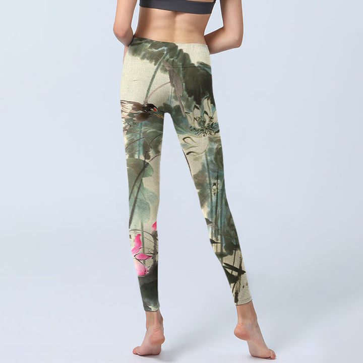 Buddha Stones Lotus Bamboo Leaves Print Gym Leggings Women's Yoga Pants - image 6