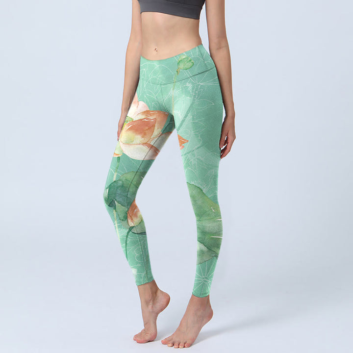 Buddha Stones Lotus Leaves Seed Pods Print Gym Leggings Women's Yoga Pants