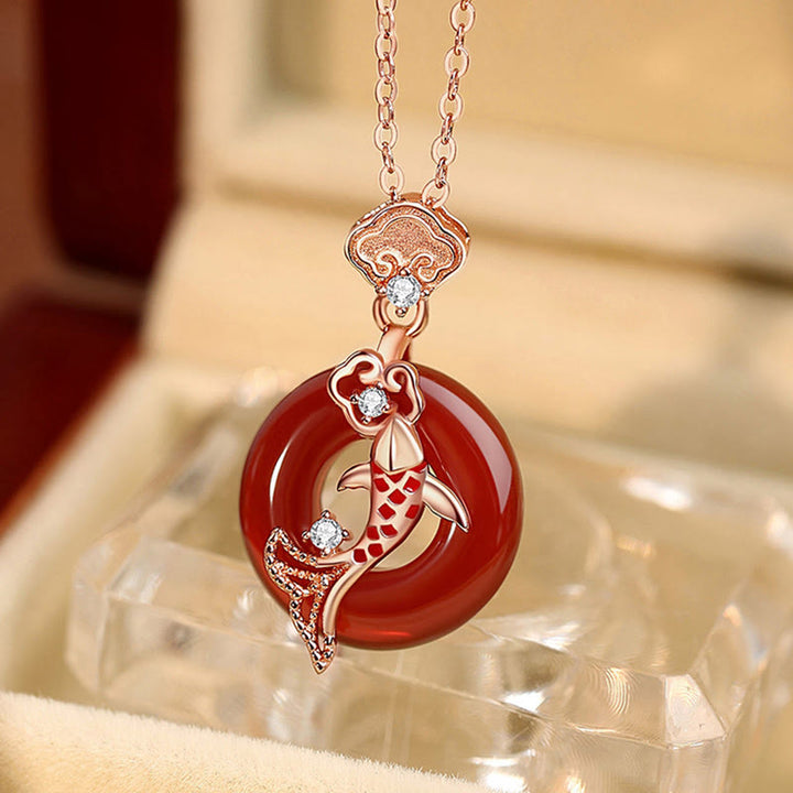 Buddha Stones Red Agate 925 Sterling Silver Ruyi Lock Koi Fish Peace Buckle Calm Necklace Pendant