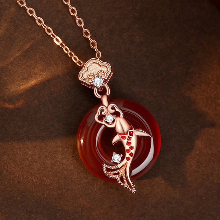 Buddha Stones Red Agate 925 Sterling Silver Ruyi Lock Koi Fish Peace Buckle Calm Necklace Pendant