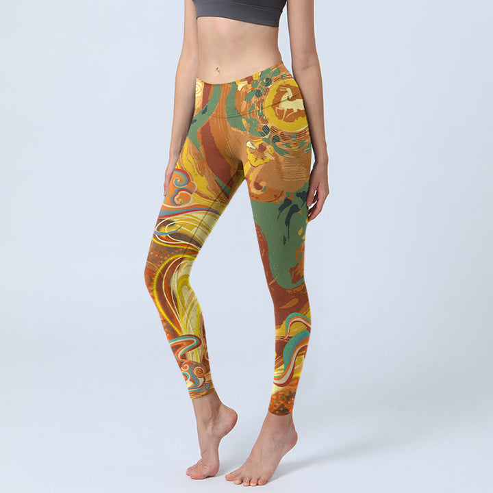 Buddha Stones Golden Auspicious Cloud Waves Print Gym Leggings Women's Yoga Pants