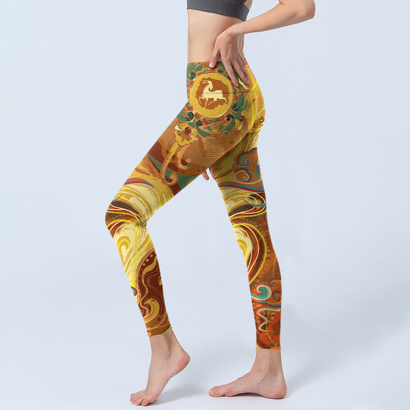 Buddha Stones Golden Auspicious Cloud Waves Print Gym Leggings Women's Yoga Pants