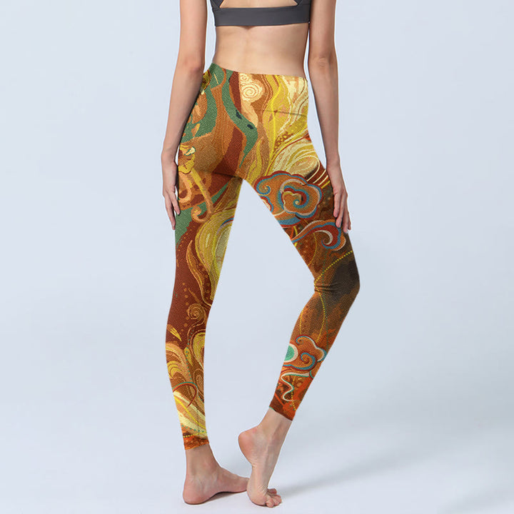 Buddha Stones Golden Auspicious Cloud Waves Print Gym Leggings Women's Yoga Pants - image 5