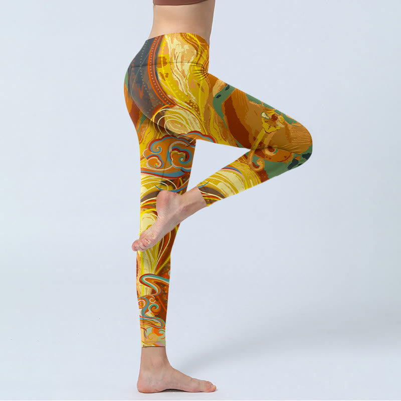 Buddha Stones Golden Auspicious Cloud Waves Print Gym Leggings Women's Yoga Pants