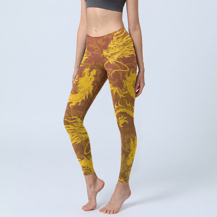 Buddha Stones Golden Dragon Flowers Print Gym Leggings Women's Yoga Pants