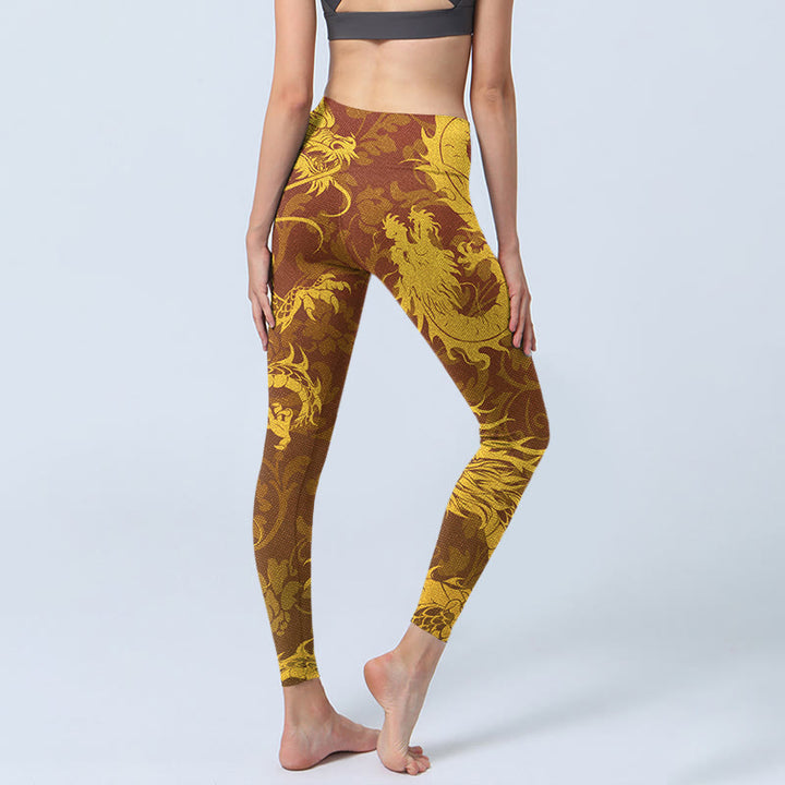 Buddha Stones Golden Dragon Flowers Print Gym Leggings Women's Yoga Pants