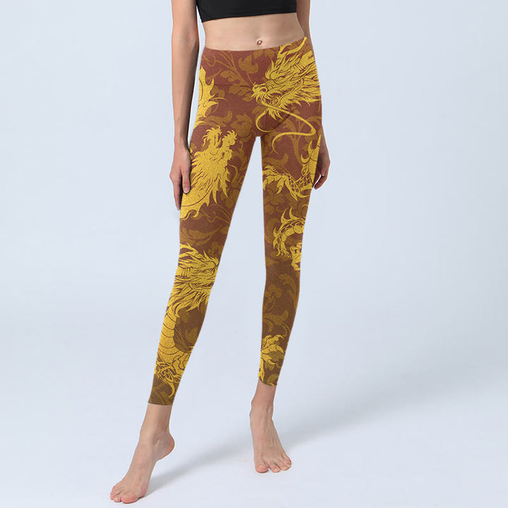 Buddha Stones Golden Dragon Flowers Print Gym Leggings Women's Yoga Pants - image 5
