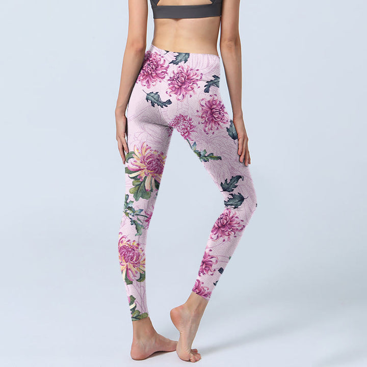 Buddha Stones Pink Chrysanthemum  Gym Leggings Women's Yoga Pants