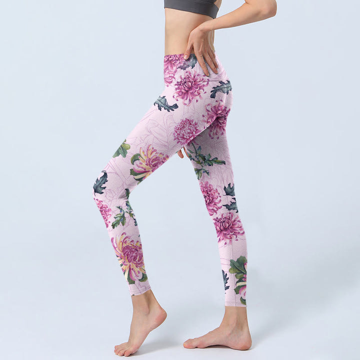 Buddha Stones Pink Chrysanthemum  Gym Leggings Women's Yoga Pants - image 3