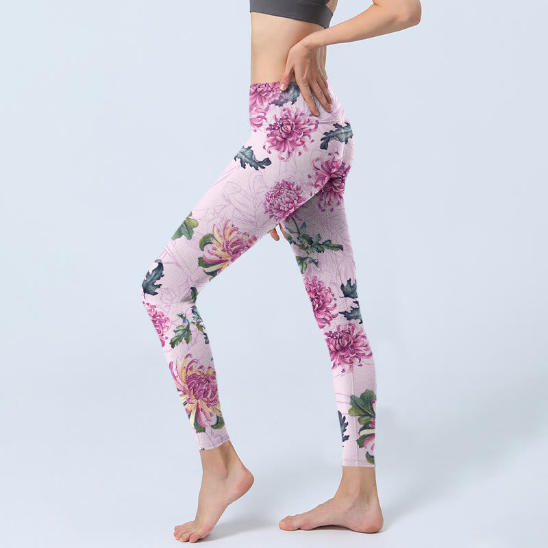 Buddha Stones Pink Chrysanthemum  Gym Leggings Women's Yoga Pants - image 2