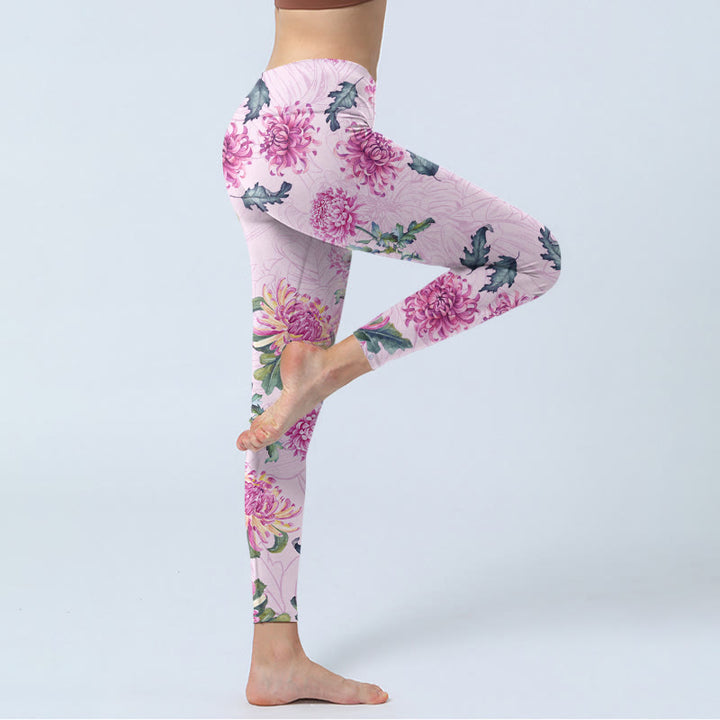 Buddha Stones Pink Chrysanthemum  Gym Leggings Women's Yoga Pants