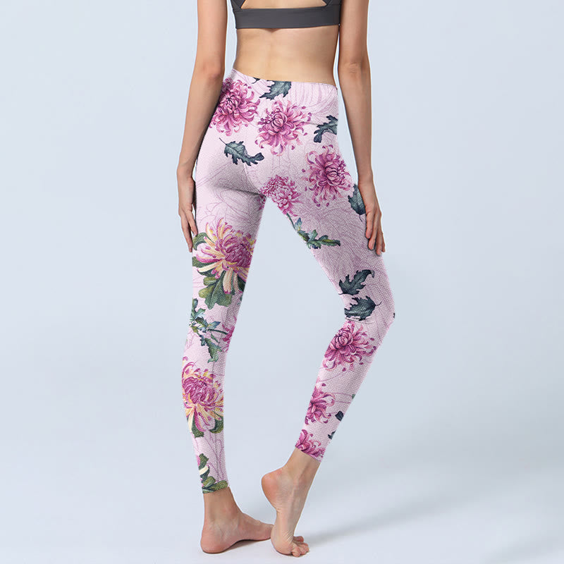 Buddha Stones Pink Chrysanthemum  Gym Leggings Women's Yoga Pants - image 5