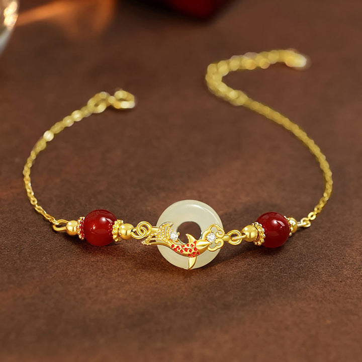 Buddha Stones Natural Hetian Jade 925 Sterling Silver Plated Gold Red Agate Beads Koi Fish Peace Buckle Luck Bracelet