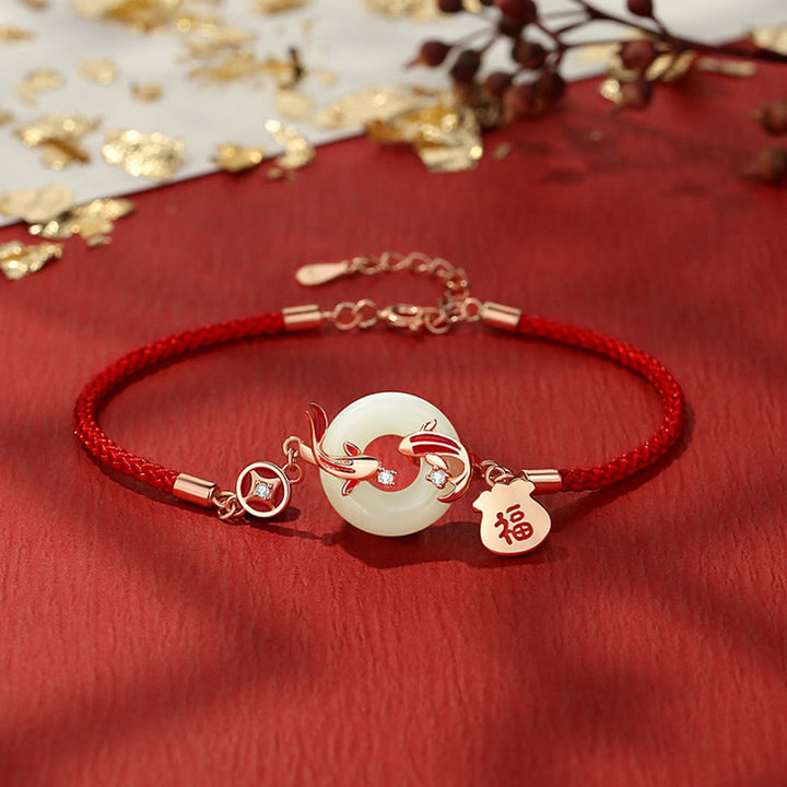 Buddha Stones Natural Hetian Jade Red String 925 Sterling Silver Plated Gold Koi Fish Lucky Bag Fu Character Peace Buckle Luck Bracelet