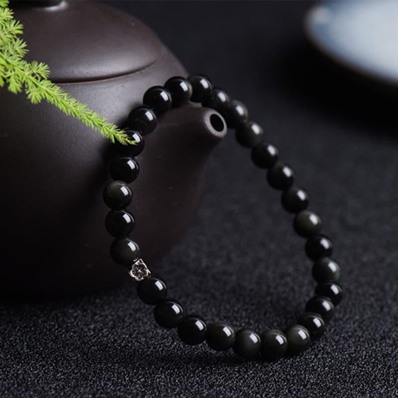 Buddha Stones Black Obsidian Bead 925 Sterling Silver Flower Design Purification Bracelet