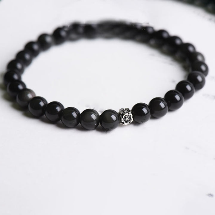 Buddha Stones Black Obsidian Bead 925 Sterling Silver Flower Design Purification Bracelet