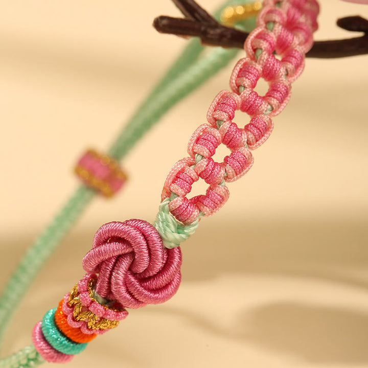 Buddha Stones Handmade Pink Green Peach Blossom Knot Braided Bracelet