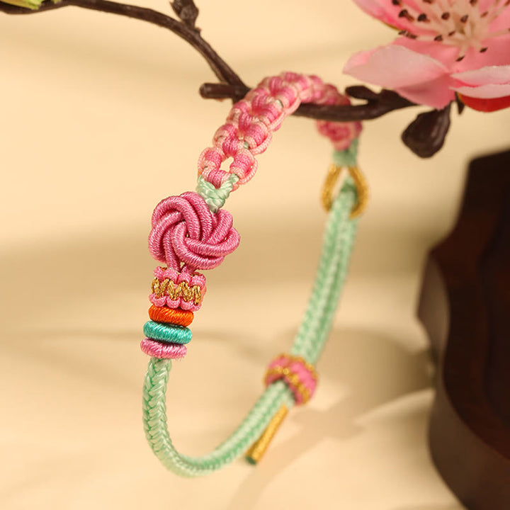 Buddha Stones Handmade Pink Green Peach Blossom Knot Braided Bracelet